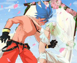 Rule 34 | 2boys, absurdres, androgynous, asymmetrical hair, aus vaka, black gloves, blue eyes, blue hair, blush, crossdressing, dress, flower, from side, galo thymos, gloves, green hair, highres, husband and husband, lio fotia, looking at another, male focus, midriff, mohawk, multiple boys, navel, outdoors, pants, petals, promare, red pants, short hair, sidecut, size difference, spiked hair, toned, toned male, topless male, trap, undercut, wedding, wedding dress, yaoi