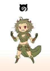 Rule 34 | 10s, 1girl, ahoge, belt, boots, braid, buttons, chain, clenched hands, clenched teeth, cropped vest, cross-laced footwear, deviljho, dinosaur tail, drooling, elbow pads, energy, fingerless gloves, full body, fur trim, gloves, gooster, green hair, green skirt, green vest, hands up, japari symbol, kemono friends, lace-up boots, medium hair, midriff, monster hunter (series), navel, no nose, parody, personification, red eyes, scar, scarf, sharp teeth, short sleeves, sketch, skirt, solo, spikes, standing, stomach, style parody, tail, teeth, v-shaped eyebrows, vambraces, vest