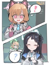 Rule 34 | !, 2koma, 3girls, ?, ^ ^, alternate hairstyle, animal ears, aris (blue archive), black hair, blonde hair, blue archive, blunt bangs, closed eyes, collared shirt, comic, commentary request, cut bangs, cutting hair, game development department (blue archive), halo, headphones, hiding, highres, locker, long hair, long sleeves, looking at another, looking at viewer, midori (blue archive), momoi (blue archive), multiple girls, necktie, osorii, pink eyes, school uniform, severed hair, shirt, short hair, side ponytail, sidelocks, silent comic, simple background, spoken exclamation mark, spoken question mark, surprised, yuzu (blue archive)