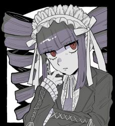 Rule 34 | 1girl, black background, black jacket, blunt bangs, celestia ludenberg, center frills, danganronpa: trigger happy havoc, danganronpa (series), drill hair, frills, grey shirt, hand up, headdress, jacket, muro (n4qhv9), open clothes, open jacket, red eyes, shirt, smile, solo, twin drills, twintails, white background