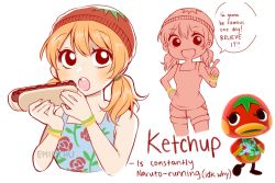 Rule 34 | !, !!, 1girl, animal crossing, bare shoulders, beanie, blonde hair, bracelet, breasts, character name, cowboy shot, emirichu, eyes visible through hair, floral print, food, hair between eyes, hat, holding, holding food, hot dog, jewelry, ketchup (animal crossing), looking at viewer, medium hair, multiple views, nintendo, open mouth, personification, rose print, short twintails, shorts, simple background, sleeveless, small breasts, speech bubble, standing, teeth, tongue, twintails, upper body, white background