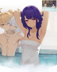 1boy 2girls aether_(genshin_impact) arm_around_neck arm_rest bathing blonde_hair blush breasts cheek-to-cheek cheek_press cleavage closed_mouth english_text genshin_impact grey_hair hair_between_eyes hair_ornament half-closed_eyes halo heads_together highres large_breasts long_hair mockingeu multiple_girls naked_towel official_art_inset paimon_(genshin_impact) raiden_shogun reference_inset towel