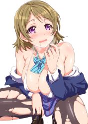 Rule 34 | 10s, 1girl, blazer, blush, breasts, brown hair, clearite, clothes pull, highres, jacket, koizumi hanayo, large breasts, loafers, love live!, love live! school idol project, pantyhose, purple eyes, school uniform, shirt pull, shoes, short hair, simple background, skirt, solo, squatting, torn clothes, torn pantyhose, wavy mouth, white background