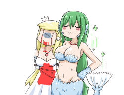 Rule 34 | 2girls, :3, arms behind back, bad id, bad pixiv id, bare shoulders, blonde hair, blood, blood on clothes, bloody tears, bound, bound arms, breasts, cleavage, closed eyes, closed mouth, comic, crown, detached sleeves, doyagao, dress, fins, green hair, greenteaneko, hand on own hip, head fins, highres, jewelry, large breasts, long hair, medium breasts, mermaid, mini crown, monster girl, multiple girls, necklace, original, pearl necklace, pendant, regeneration, scales, silent comic, simple background, smile, smug, sparkle, strapless, strapless dress, tied up (nonsexual), turn pale, u u, v-shaped eyebrows, very long hair, white background, white dress, | |