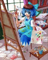 Rule 34 | 1girl, apron, art brush, ascot, beret, blue eyes, blue hair, book, bookshelf, bow, canvas (object), cirno, cup, curtains, dress, easel, hair bow, hand up, hat, indoors, kabaji, looking away, matching hair/eyes, messy, mouth hold, oil painting (medium), paint, paintbrush, painting (action), painting (medium), painting (object), palette (object), puffy short sleeves, puffy sleeves, short hair, short sleeves, sitting, slippers, socks, solo, touhou, traditional media, window, wings