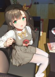 Rule 34 | 1girl, blush, box, breasts, brown dress, candy, chocolate, chocolate heart, commentary request, couch, dress, female focus, flower, food, from above, green eyes, hair flower, hair ornament, heart, highres, himitsu (hi mi tsu 2), holding, holding box, indoors, long hair, long sleeves, looking at viewer, medium breasts, on couch, open mouth, original, pantyhose, ribbon, shirt, sitting, smile, solo, table, valentine, white pantyhose, white shirt, yellow ribbon