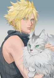 Rule 34 | 1boy, animal, blonde hair, blue eyes, cat, closed mouth, cloud strife, cluck gugu, earrings, final fantasy, final fantasy vii, gradient background, green eyes, highres, holding, holding animal, holding cat, jewelry, male focus, shirt, short hair, single earring, sleeveless, sleeveless turtleneck, spiked hair, turtleneck, white cat, white fur