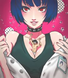 Rule 34 | 10s, 1girl, amamiya ren, breasts, catherine (game), choker, cleavage, coat, cover, crossover, glasses, horns, jewelry, lips, nail polish, necklace, parody, persona, persona 5, short hair, takemi tae