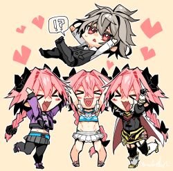 Rule 34 | !?, &gt; &lt;, 4boys, arms up, astolfo (fate), astolfo (memories at trifas) (fate), astolfo (sparkling frills) (fate), belt, bikini, black bow, black pants, black pantyhose, black shirt, black vest, blue belt, blush stickers, boots, bow, braid, cape, catching, closed mouth, cropped jacket, dress shirt, fang, fate/apocrypha, fate/grand order, fate (series), footwear bow, frilled bikini, frills, fur-trimmed cape, fur trim, gauntlets, grey hair, grey skirt, hair between eyes, hair bow, hair intakes, haoro, happy, heart, heart in mouth, jacket, leg up, long braid, long hair, loving aura, male focus, midriff, multicolored hair, multiple boys, multiple persona, official alternate costume, open mouth, pants, pantyhose, pink bow, pink hair, pleated skirt, pom pom (clothes), purple eyes, purple footwear, purple jacket, red eyes, shirt, short hair, sieg (fate), signature, single braid, skin fang, skirt, smile, spoken interrobang, streaked hair, sweatdrop, swimsuit, trap, triangle mouth, two-sided cape, two-sided fabric, two-tone hair, very long hair, vest, white cape, white footwear, white hair, white skirt, yellow background