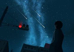 Rule 34 | 1boy, absurdres, building, commentary request, from below, hand in pocket, highres, long sleeves, looking up, male focus, night, okayuu, original, outdoors, scenery, shooting star, sky, solo, star (sky), starry sky, traffic light