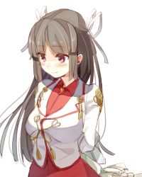 Rule 34 | 10s, 1girl, arms behind back, black hair, blunt bangs, blush, dress, hair ribbon, hiyou (kancolle), holding, holding clothes, kantai collection, long hair, long sleeves, magatama, military, red eyes, red skirt, ribbon, senbei (senbe i), simple background, skirt, smile, solo, upper body, white background