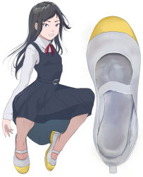 1girl 3f1n92k0 black_eyes black_hair grin highres long_hair looking_at_viewer no_socks shoes smile unworn_shoes uwabaki