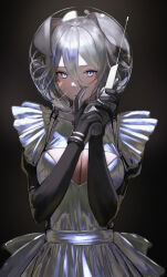 Rule 34 | absurdres, animal ears, antennae, apron, black background, black dress, black gloves, blue eyes, breasts, cleavage, cleavage cutout, closed mouth, clothing cutout, dress, elbow gloves, ganet p, gloves, gradient background, grey hair, helmet, highres, holding, juliet sleeves, large breasts, long sleeves, looking at viewer, original, puffy sleeves, rabbit ears, short hair, solo, space helmet, upper body, white apron