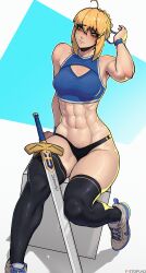 Rule 34 | 1girl, abs, absurdres, antenna hair, artoria pendragon (all), artoria pendragon (fate), blonde hair, breasts, cleavage, fate (series), green eyes, highres, medium breasts, muscular, muscular female, saber (fate), shoes, sitting, sneakers, solo, stopu, sweatband, sword, thick thighs, thighhighs, thighs, toned, weapon