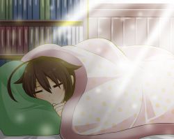 Rule 34 | 10s, 1girl, ahoge, bookshelf, brown hair, closed eyes, futon, image sample, indoors, kabuto (nextlevel), kantai collection, light particles, light rays, pillow, shigure (kancolle), sleeping, solo, under covers, wataru (nextlevel)
