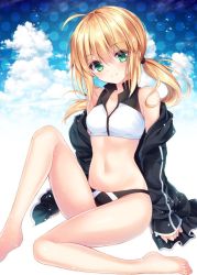 Rule 34 | 1girl, ahoge, artoria pendragon (fate), artoria pendragon (swimsuit archer) (fate), artoria pendragon (swimsuit archer) (second ascension) (fate), bare legs, bare shoulders, barefoot, bikini, black jacket, blonde hair, breasts, collarbone, fate/grand order, fate (series), green eyes, jacket, knee up, long hair, long sleeves, looking at viewer, low ponytail, navel, nogi takayoshi, off shoulder, open clothes, open jacket, sidelocks, sitting, small breasts, smile, solo, stomach, swimsuit, thighs, two-tone bikini