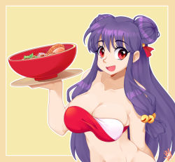 Rule 34 | 1girl, bad id, bad pixiv id, bandeau, bare shoulders, bell, breasts, cleavage, double bun, food, hair bell, hair ornament, large breasts, long hair, looking at viewer, navel, open mouth, purple hair, ranma 1/2, red eyes, shampoo (ranma 1/2), smile, solo, tray, weepinbelly