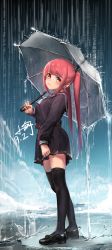 Rule 34 | 1girl, black footwear, black sailor collar, black serafuku, black shirt, black skirt, black thighhighs, blue neckwear, brown eyes, character request, closed mouth, copyright request, dated, full body, highres, holding, holding umbrella, long hair, long sleeves, pleated skirt, puddle, rain, red hair, sailor collar, school uniform, serafuku, shirt, shoes, signature, skirt, solo, standing, thighhighs, transparent, transparent umbrella, twintails, umbrella, very long hair, water, xiaoyu