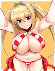 Rule 34 | 1girl, armpits, bikini, blonde hair, breasts, closed mouth, cocq taichou, criss-cross halter, earrings, fate/grand order, fate (series), green eyes, hair intakes, halterneck, huge breasts, jewelry, long hair, looking at viewer, navel, nero claudius (fate), nero claudius (fate) (all), nero claudius (swimsuit caster) (fate), outstretched arms, side-tie bikini bottom, smile, solo, striped bikini, striped clothes, sunlight, swimsuit, twintails, yellow background