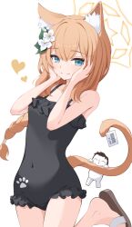 Rule 34 | 1girl, animal ear fluff, animal ears, black one-piece swimsuit, blue archive, blue eyes, braid, braided ponytail, breasts, cat ears, cat tail, doodle sensei (blue archive), flower, hair flower, hair ornament, halo, hands on own face, heart, highres, long hair, looking at viewer, mari (blue archive), mari (swimsuit) (blue archive), official alternate costume, one-piece swimsuit, orange hair, sandals, sensei (blue archive), shijima (shijima tc), small breasts, swimsuit, tail, white background, yellow halo