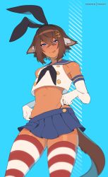 Rule 34 | 1boy, animal ears, black panties, blue eyes, blue skirt, brown hair, cosplay, cowboy shot, crop top, crossdressing, elbow gloves, fake animal ears, gloves, hair between eyes, hair ornament, hairclip, highleg, highleg panties, highres, kantai collection, licking lips, looking at viewer, male focus, matemi, navel, original, panties, rabbit ears, sailor collar, shimakaze (kancolle), shimakaze (kancolle) (cosplay), short hair, simple background, skirt, solo, striped clothes, striped thighhighs, tail, thighhighs, tongue, tongue out, trap, underwear, white gloves