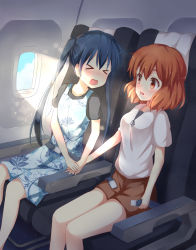 Rule 34 | &gt; &lt;, 2girls, absurdres, airplane interior, black shirt, blue dress, blue hair, blue sky, blush, breasts, brown hair, brown shorts, closed eyes, cloud, cloudy sky, collarbone, commentary request, day, dress, facing another, fang, floral print, hair between eyes, highres, holding hands, inokuma youko, kin-iro mosaic, komichi aya, long hair, looking at another, multiple girls, nose blush, open mouth, parted lips, print dress, red eyes, revision, seat, seatbelt, shirt, short shorts, short sleeves, shorts, sitting, sky, sleeveless, sleeveless dress, small breasts, stick jitb, sunlight, twintails, very long hair, white shirt