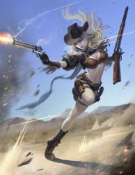 Rule 34 | 1girl, bandolier, black footwear, blonde hair, blue eyes, boots, bra, breasts, cleavage, cowboy hat, cross-laced footwear, dodqkrwnl, dual wielding, firing, gradient background, gun, handgun, hat, holding, holster, lace-up boots, lever action, long hair, motion blur, muzzle flash, navel, original, parted lips, revolver, rifle, scarf, sky, smile, smoke, smoking gun, solo, thigh holster, trigger discipline, underwear, weapon