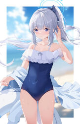 Rule 34 | 1girl, absurdres, beach, blue archive, blue bow, blue halo, blue one-piece swimsuit, blue sky, blurry, blurry background, blush, border, bow, cloud, cloudy sky, collarbone, commentary request, covered navel, feet out of frame, frilled one-piece swimsuit, frills, hair bow, halo, hand up, highres, holding, holding swim ring, innertube, looking at viewer, miyako (blue archive), miyako (swimsuit) (blue archive), ocean, off-shoulder one-piece swimsuit, off shoulder, official alternate costume, one-piece swimsuit, ponytail, purple eyes, shinshia (sinsia 0928), sidelocks, sky, solo, standing, swim ring, swimsuit, two-tone one-piece swimsuit, wet, white border, white hair, white innertube