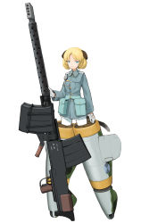 1girl animal_ears anti-materiel_rifle blonde_hair blue_eyes dog_ears dog_tail female_focus gloves gun highres jitome kuuro_kuro lahti_l-39 military military_uniform original pantyhose rifle short_hair sniper_rifle solo strike_witches striker_unit tail vilia_kauppinen weapon white_gloves white_pantyhose world_witches_series