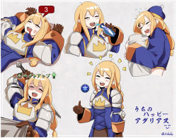 Rule 34 | 1girl, agrias oaks, armor, armored dress, blonde hair, blood, blood from mouth, braid, braided ponytail, brown gloves, bruise, drooling, final fantasy, final fantasy brave exvius, final fantasy tactics, fuwafuwatoufu, gameplay mechanics, gloves, highres, injury, hugging object, open mouth, pillow, pillow hug, sidelocks, single braid, sleeping, smile, solo, sword, thumbs up, translation request, war of the visions: final fantasy brave exvius, weapon