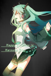 Rule 34 | 1girl, bad id, bad pixiv id, character name, detached sleeves, green eyes, green hair, hatsune miku, headphones, long hair, matching hair/eyes, necktie, open mouth, skirt, solo, thighhighs, vocaloid, xuehua