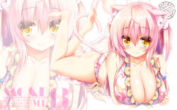 Rule 34 | 1girl, ahoge, animal ears, barefoot, bikini, breasts, cat ears, cat tail, cleavage, collarbone, hair bobbles, hair ornament, highres, long hair, looking at viewer, lying, on stomach, original, pink hair, shia flatpaddy, slit pupils, smile, solo, swimsuit, syroh, tail, the pose, yellow eyes, zoom layer