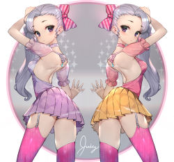 Rule 34 | 2girls, back, back cutout, backless outfit, blush, bow, breasts, clothing cutout, female focus, garter straps, hair bow, highres, hitowa, long hair, multiple girls, original, outside border, pink hair, pleated skirt, purple eyes, side ponytail, silver hair, skirt, small breasts, symmetry, thighhighs
