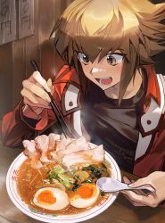 Rule 34 | 1boy, black shirt, bowl, brown eyes, brown hair, chopsticks, cocaduel, duel academy uniform (yu-gi-oh! gx), egg, fingernails, food, highres, holding, holding chopsticks, holding spoon, jacket, light blush, long sleeves, male focus, meat, medium hair, multicolored hair, noodles, open clothes, open jacket, open mouth, price list, ramen, red jacket, saliva, shirt, solo, spoon, steam, symbol-only commentary, table, two-tone hair, yu-gi-oh!, yu-gi-oh! gx, yuki judai