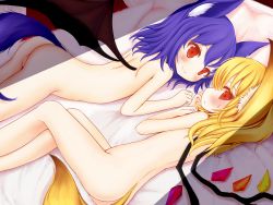 Rule 34 | 2girls, abii, animal ear fluff, animal ears, ass, bat wings, bed, blonde hair, blue hair, blush, covering privates, covering breasts, crystal, dog ears, flandre scarlet, highres, kemonomimi mode, long hair, looking at viewer, looking back, lying, multiple girls, nude, on side, on stomach, pillow, red eyes, remilia scarlet, short hair, siblings, sisters, smile, tail, touhou, wings