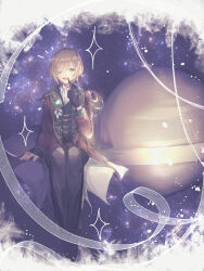 Rule 34 | 1boy, black pants, blonde hair, blue eyes, border, ensemble stars!, green jacket, highres, jacket, looking at viewer, male focus, multicolored clothes, multicolored jacket, ntec231, one eye closed, pants, red jacket, saturn (planet), short hair, sitting, sky, solo, sparkle, star (sky), star (symbol), starry background, starry sky, tenshouin eichi, white border