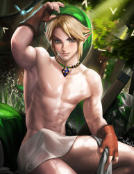Rule 34 | 1boy, armpits, blonde hair, blue eyes, convenient censoring, erection, fingerless gloves, forest, gloves, green hat, hat, highres, jewelry, leaf, link, male focus, nature, navel, nintendo, nude, parted lips, pendant, penis, pointy ears, sakimichan, sitting, solo, the legend of zelda, toned, watermark
