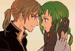 Rule 34 | 1boy, 1girl, blonde hair, blue eyes, blush, brown gloves, couple, face-to-face, fingerless gloves, fire emblem, fire emblem: the sacred stones, forde (fire emblem), forehead-to-forehead, gloves, green eyes, green hair, hand on another&#039;s face, heads together, hetero, nintendo, noshima, open mouth, ponytail, portrait, profile, shirt, short hair, smile, vanessa (fire emblem), white gloves