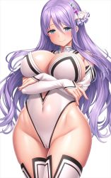 Rule 34 | 1girl, blue eyes, breasts, cameltoe, character request, cleft of venus, closed mouth, covered navel, hair between eyes, hair ribbon, hip focus, lambda (kusowarota), large breasts, long hair, princess connect!, purple hair, ribbon, shizuru (princess connect!), simple background, smile, solo, standing, thighhighs, thighs, white background, white ribbon, white thighhighs