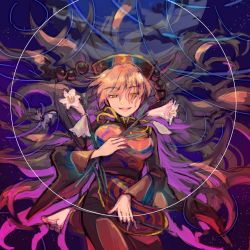 Rule 34 | 1girl, aura, chinese clothes, commentary request, energy, flower, fox print, highres, junko (touhou), lily (flower), long hair, looking at viewer, orange hair, phoenix crown, red eyes, smile, socha, solo, tabard, tassel, touhou, upper body