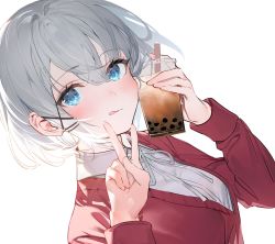 Rule 34 | 1girl, absurdres, blue eyes, blush, bubble tea, collared shirt, cup, disposable cup, drinking straw, dutch angle, grey hair, hair ornament, highres, holding, holding cup, long sleeves, looking at viewer, neck ribbon, official art, red sweater, ribbon, second-party source, shirt, short hair, sidelocks, siesta (tantei wa mou shindeiru), simple background, solo, sweater, tantei wa mou shindeiru, tongue, umibouzu (niito), upper body, v, white background, white shirt, x hair ornament