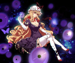 Rule 34 | 1girl, aura, bad anatomy, blonde hair, bow, breasts, bug, butterfly, choker, chromatic aberration, cleavage, crossed legs, danmaku, dark, dress, elbow gloves, female focus, floating, frilled dress, frills, galaxy, gap (touhou), gloves, hair bow, hand on own knee, high heels, insect, large breasts, lips, long hair, pink lips, puffy short sleeves, puffy sleeves, purple dress, red eyes, red footwear, ribbon choker, serious, shoes, short sleeves, sitting, solo, space, thighhighs, thighs, touhou, very long hair, white gloves, white thighhighs, yakumo yukari, yayoi (su misheng)