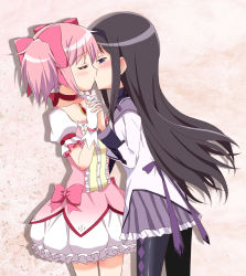 10s 2girls akemi_homura akemi_homura_(magical_girl) black_hair blush bow bubble_skirt choker closed_eyes female_focus gloves hair_bow hairband highres holding_hands interlocked_fingers kairakuen_umenoka kaname_madoka kaname_madoka_(magical_girl) kiss long_hair looking_at_another magical_girl mahou_shoujo_madoka_magica mahou_shoujo_madoka_magica_(anime) multiple_girls pantyhose pink_hair short_twintails skirt twintails white_gloves yuri