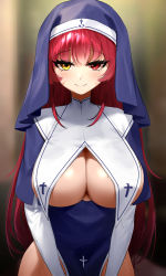 Rule 34 | 1girl, absurdres, blue dress, blurry, breast curtains, breasts, cleavage, closed mouth, depth of field, dress, habit, heterochromia, highres, hololive, houshou marine, houshou marine (nun), large breasts, long hair, long sleeves, looking at viewer, mole, mole on breast, no bra, no panties, nun, pelvic curtain, red eyes, red hair, revealing clothes, sbgu, smile, solo, upper body, veil, virtual youtuber, yellow eyes