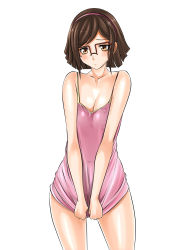 Rule 34 | 10s, 1girl, absurdres, bad id, bad pixiv id, blush, bottomless, breasts, breasts squeezed together, brown eyes, brown hair, camisole, cleavage, collarbone, covered erect nipples, covered navel, dress, dress tug, glasses, gundam, gundam build fighters, hairband, highres, kousaka china, looking at viewer, medium breasts, over-rim eyewear, red-framed eyewear, semi-rimless eyewear, shirt tug, short hair, skindentation, solo, tuna21