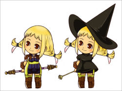 Rule 34 | 00s, 1girl, black mage (final fantasy), blush, boots, brown footwear, chibi, dual persona, final fantasy, final fantasy xii, hat, looking at viewer, md5 mismatch, minami ryou, penelo, red eyes, rod, simple background, standing, thighhighs, wand, white background, witch hat