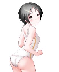 1girl ass back black_hair blush breasts brown_eyes kantai_collection kirigakure_(kirigakure_tantei_jimusho) looking_back maru-yu_(kancolle) one-piece_swimsuit school_swimsuit short_hair small_breasts smile solo swimsuit white_one-piece_swimsuit