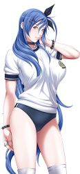 Rule 34 | 1girl, blue hair, bracelet, breasts, buruma, choker, game cg, gym uniform, hair ribbon, ikazaki reia, jewelry, large breasts, legs, long hair, looking at viewer, p/a: potential ability, ribbon, sei shoujo, simple background, solo, spiked bracelet, spikes, standing, thighs, white background, yellow eyes