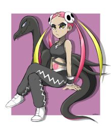 Rule 34 | 2girls, baggy pants, blonde hair, breasts, creatures (company), game freak, gen 7 pokemon, gyaru, makeup, midriff, multicolored hair, multiple girls, nintendo, pants, pink hair, plumeria (pokemon), pokemon, pokemon sm, pubic tattoo, salazzle, signature, tagme, tattoo, twintails, xetamiart, yellow eyes