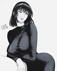 Rule 34 | 1girl, bent over, black hair, blunt bangs, breasts, dress, fubuki (one-punch man), greyscale, highres, large breasts, leaning forward, monochrome, mostlybluewyatt, narrow waist, one-punch man, parted lips, short hair, signature, smile, solo, tight clothes, twitter username, white background, wide hips